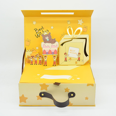 Grosir kustom ulang tahun koper berbentuk kotak hadiah anak-anak magnet kardus kotak hadiah dengan 3d pop up dan menangani